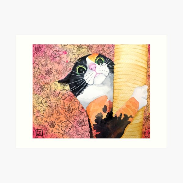 Colorful calico cat painting in an energetic pop art style with floral background Art Print