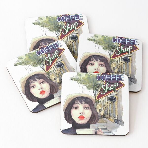 Item preview, Artwork Fashion Female drinking Coffee Street Scene with Neon Sign designed and sold by In A Word | Minimal Statement Wear.