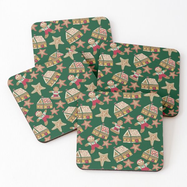 Holiday Delights Gingerbread Cookies Houses Star Brown, green, Teal, Red, Green Coasters (Set of 4)