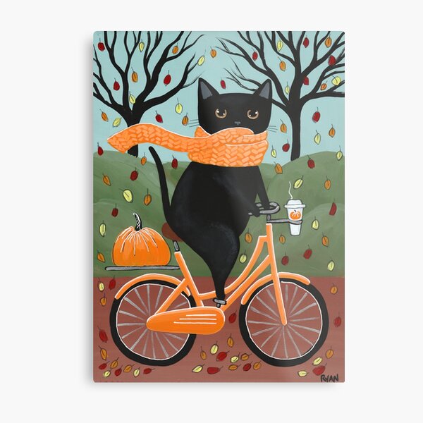 Black Cat Autumn Bicycle Ride Metal Print