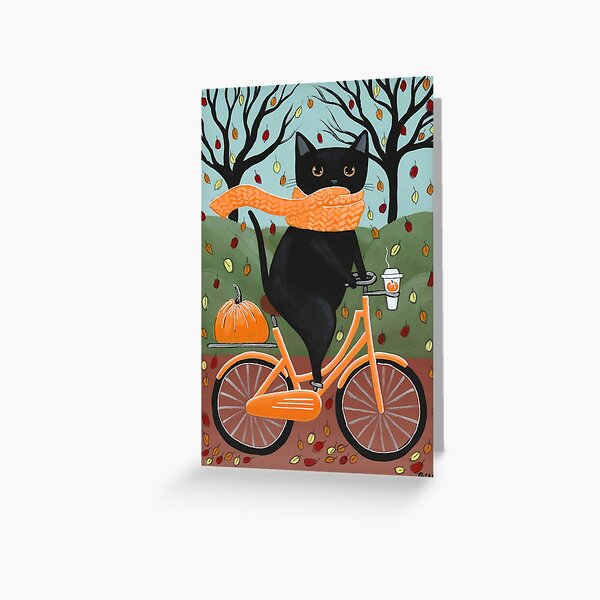 Black Cat Autumn Bicycle Ride Greeting Card