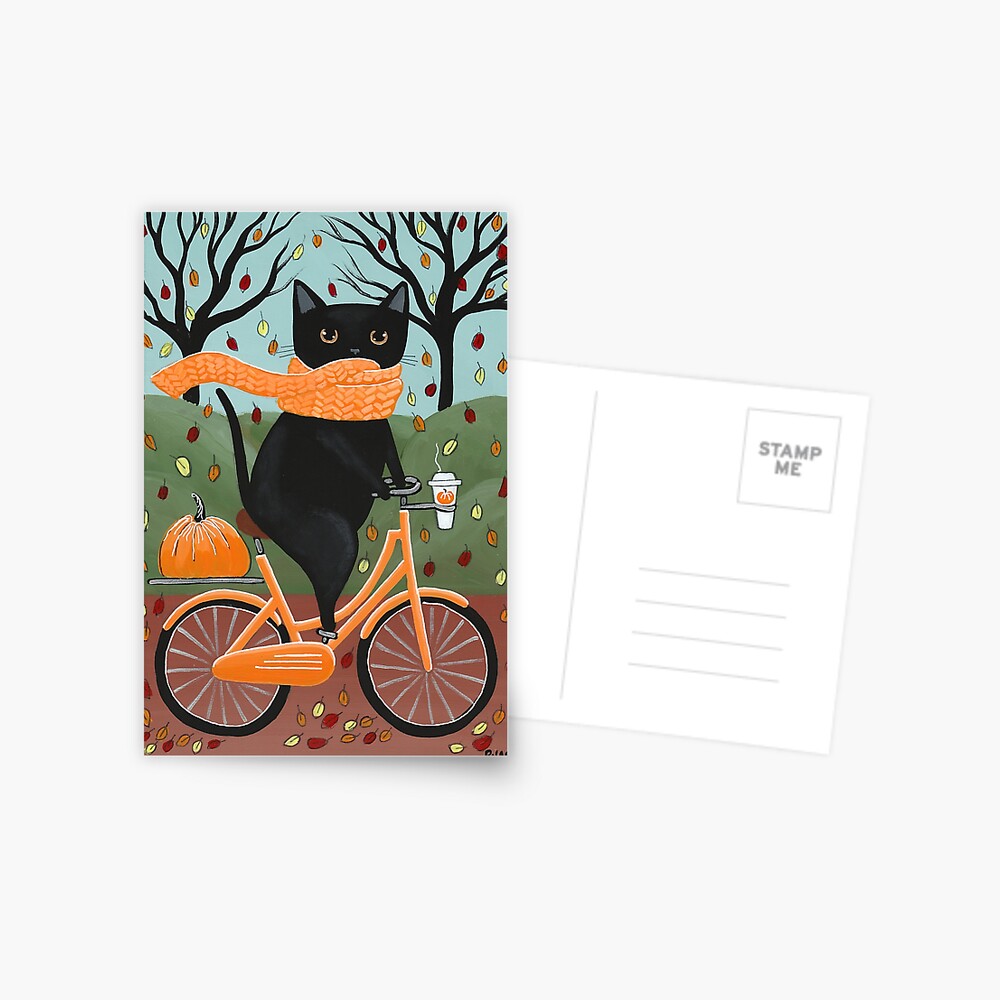 Black Cat Autumn Bicycle Ride Postcard