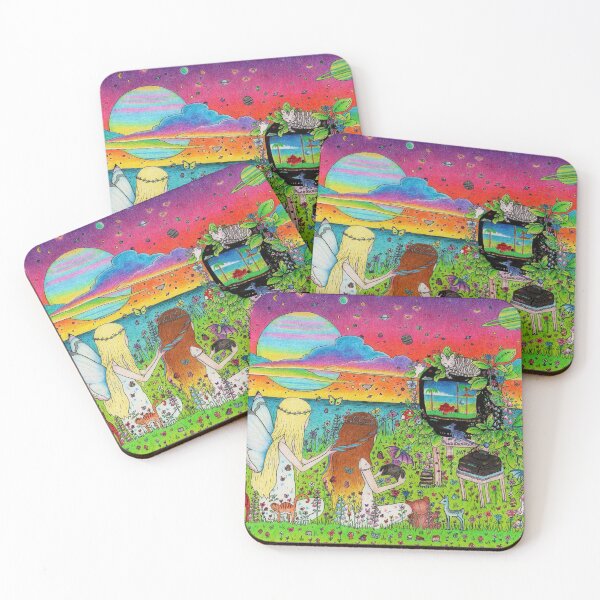 Item preview, nostalgia sisters - playing video games in nature during sunset by the sea with dragons and cats designed and sold by OceanVixen.