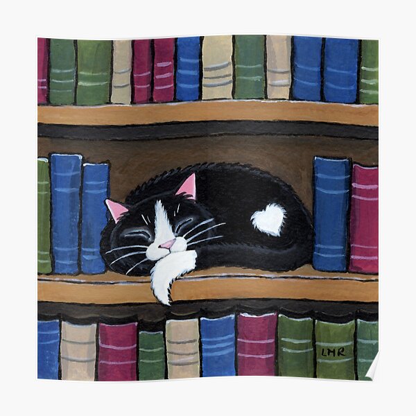 Sleepy Cat on Shelf - Book Love Poster