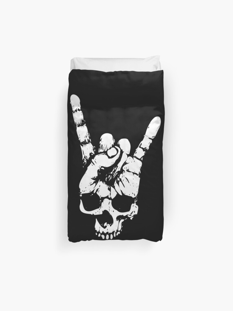 Heavy Metal Skull With Devil Horns Hand Duvet Cover By Tshirtsbyms Redbubble - black devil horns roblox