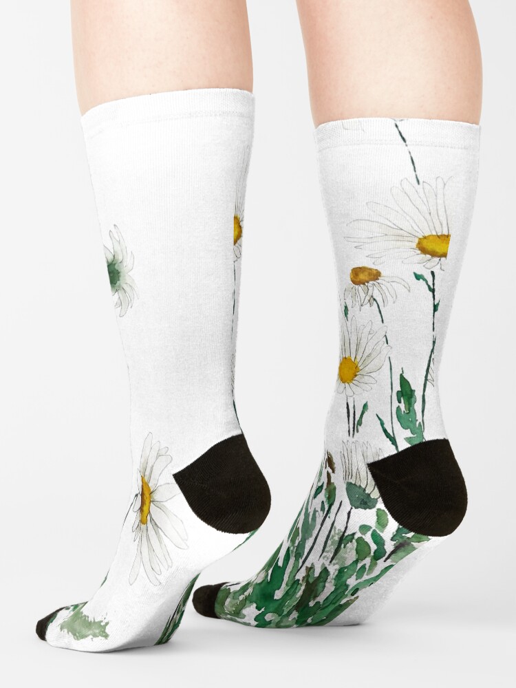 Alternate view of white Margaret daisy watercolor Socks