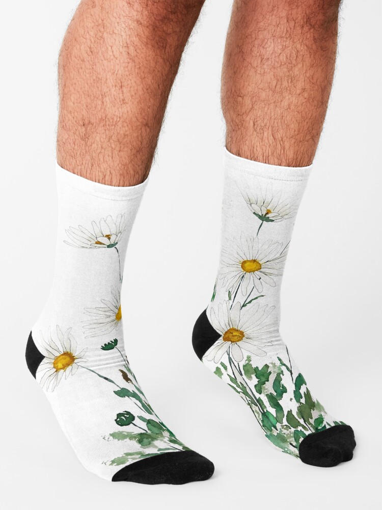 Alternate view of white Margaret daisy watercolor Socks