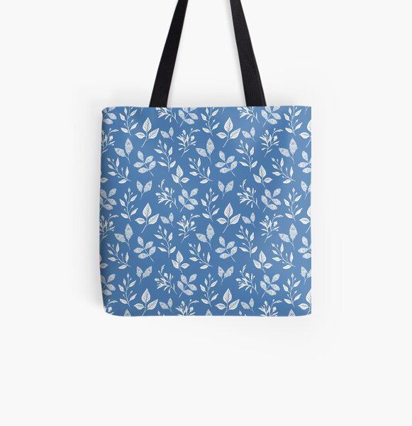 Ornate Blue Leaf Pattern All Over Print Tote Bag
