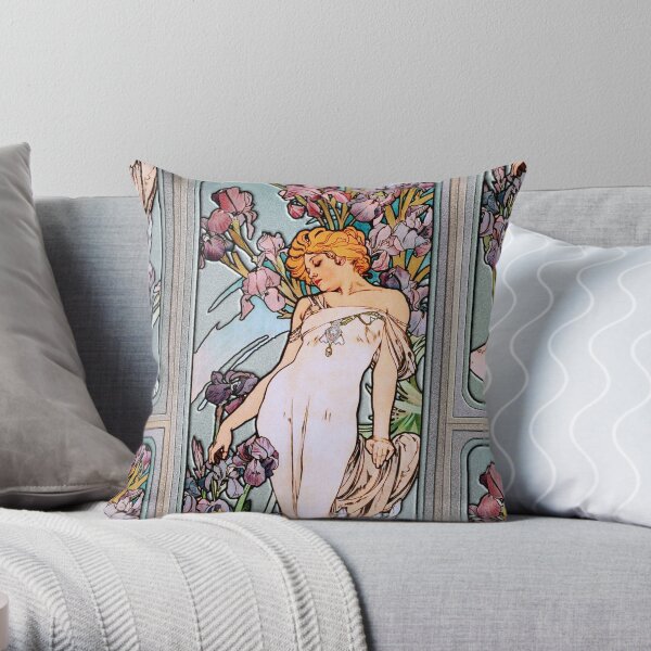 The Iris by Alphonse Mucha Art Nouveau Old Masters Reproductions Throw Pillow