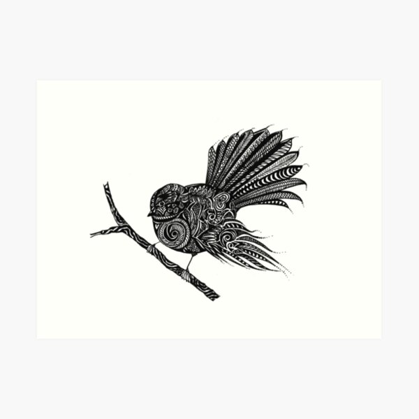 New Zealand Fantail Bird Drawing in Black Ink Art Print