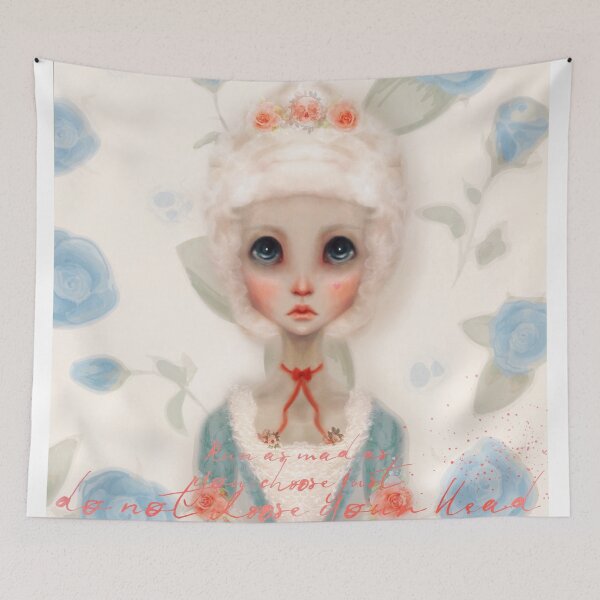 Item preview, Run As Mad As You Choose Marie Antoinette Portrait With Red Silk Bow Silver Hair Updo With Light Pink Baby Rose Crown And A Light Blue Rose BackGround Done In Anime Style designed and sold by Monica Laipple.