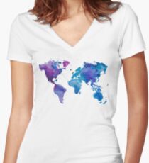 Watercolor Map of the World Women's Fitted V-Neck T-Shirt