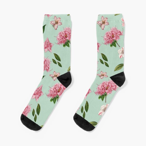 Pink Azaleas and Petunias Floral Mint Green Pattern Socks