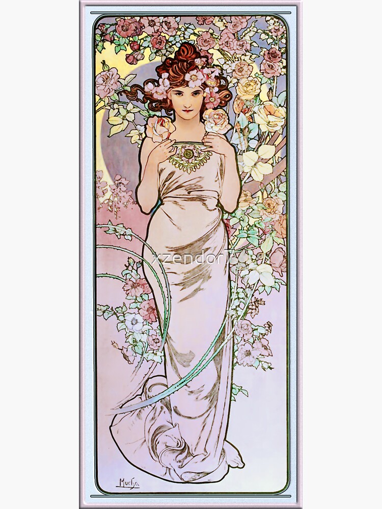 Pegatina «Rose de Alphonse Mucha - Art Nouveau Old Masters Prints» de