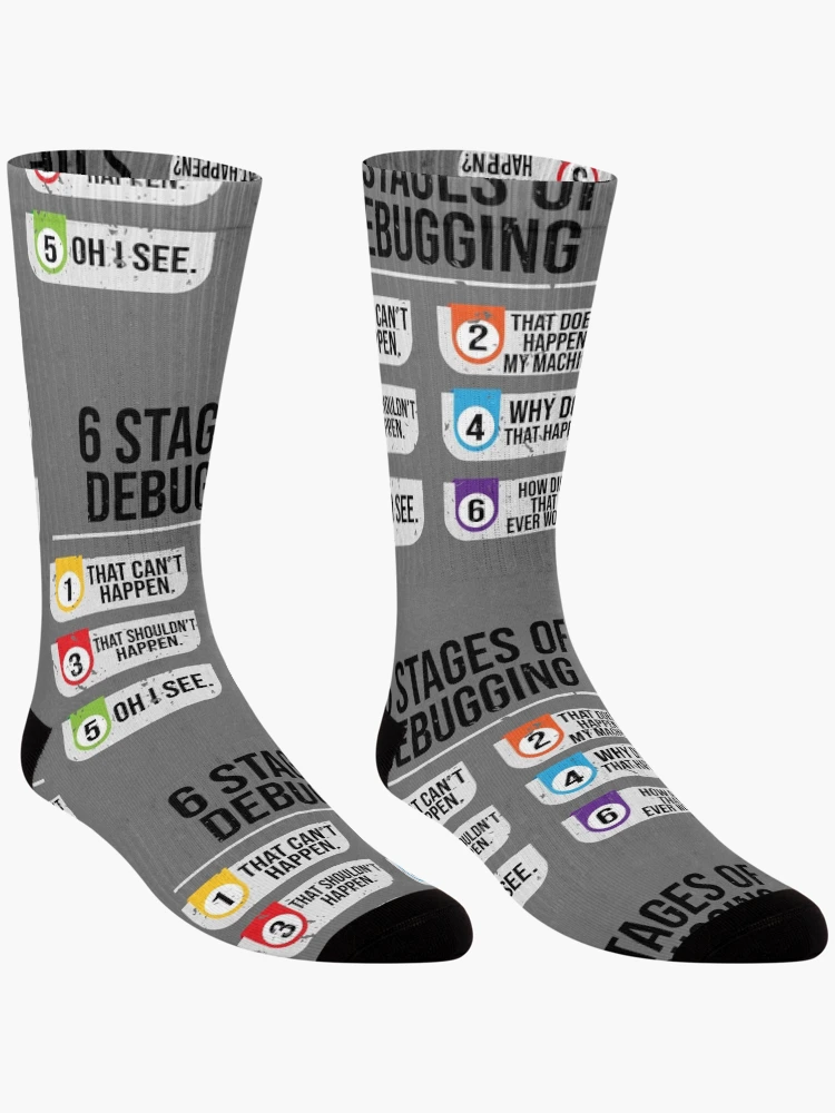 Thumbnail 3 of 5, Socks, 6 Stages Of Debugging Computer Programming designed and sold by eulonix.