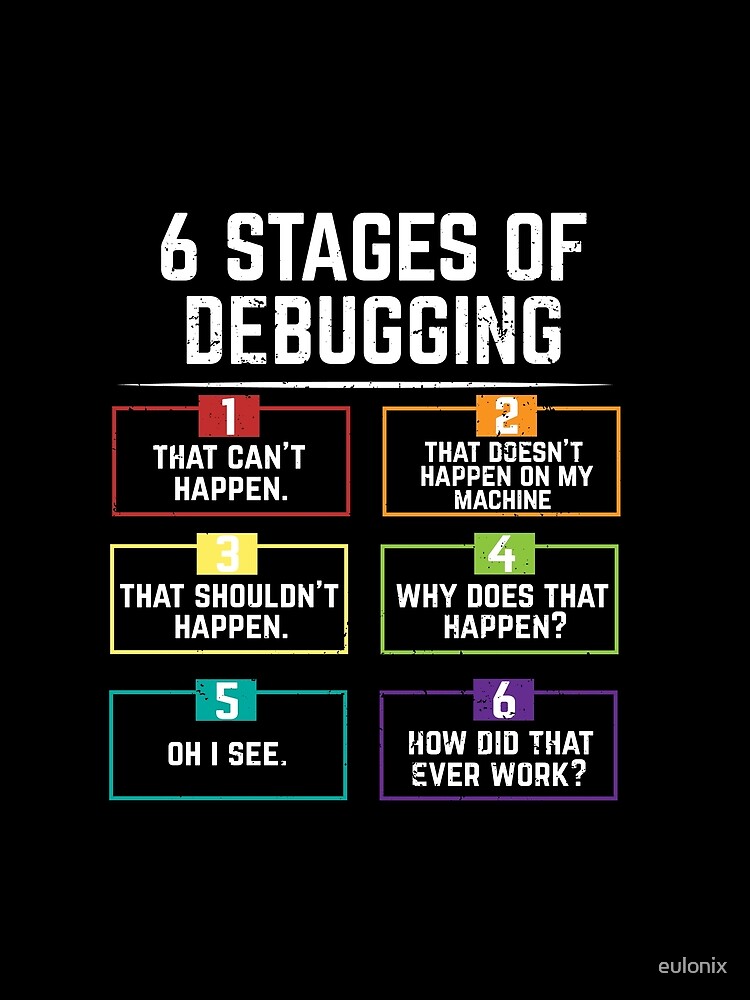 Thumbnail 4 of 4, Graphic T-Shirt, 6 Stages Of Debugging Computer Programming designed and sold by eulonix.