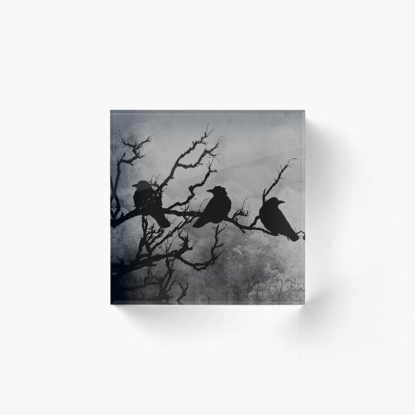 Crows Birds on Branch Yellow Stormy Sky Gothic Art A526 Acrylic Block