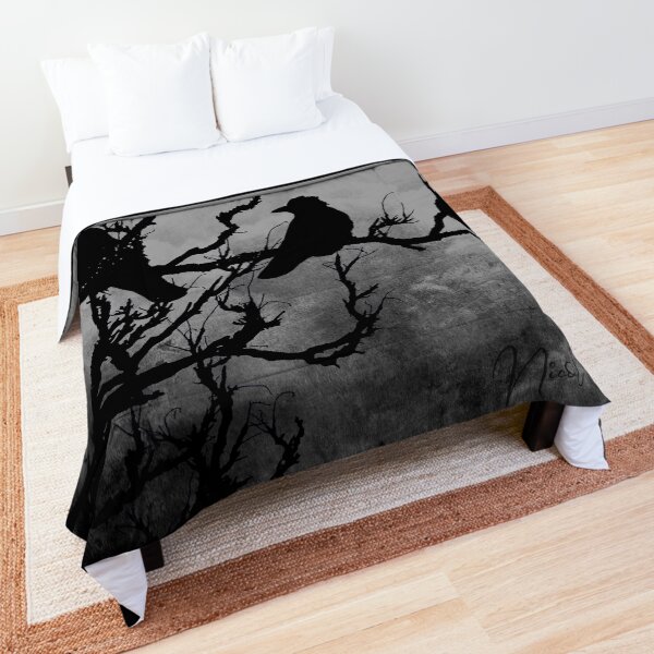 Crows Birds on Branch Yellow Stormy Sky Gothic Art A526 Comforter