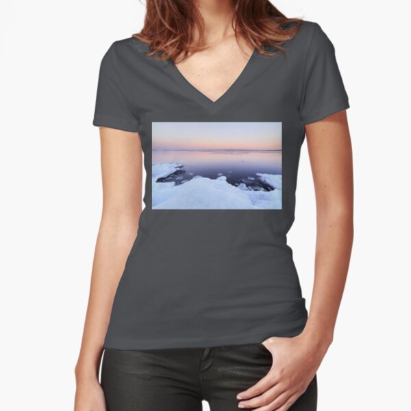 Lake scenery at dusk winter in Finland Fitted V-Neck T-Shirt