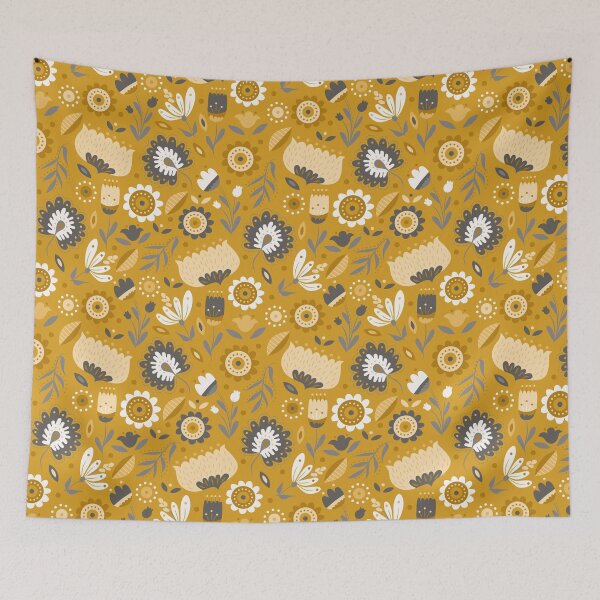 Item preview, Floral Folk Art in Mustard Yellow designed and sold by latheandquill.