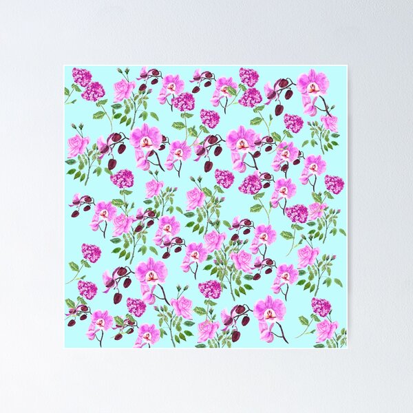 Artikelvorschau, Rosa Rosenorchidee und Hortensie im blauen Hintergrund entworfen und verkauft von SelenePaintings .