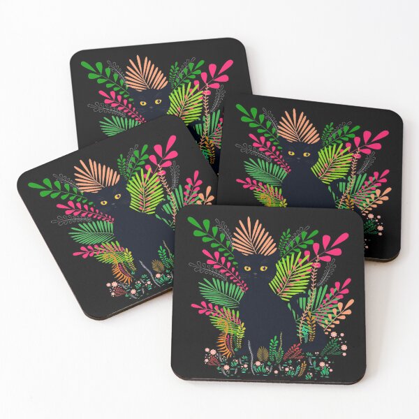 Item preview, Wild black cat with amber eyes, sit in a colorful foliage and flowers designed and sold by Kioto.
