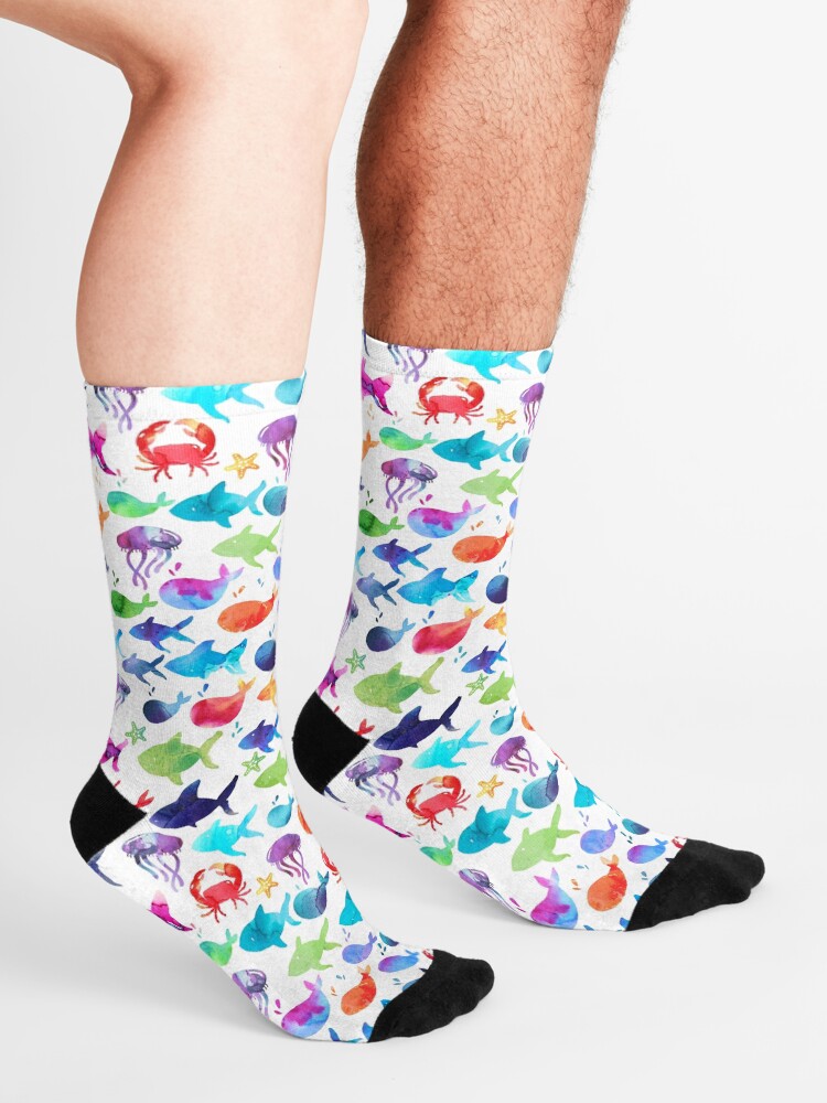 "Rainbow Watercolor Under the Sea Ocean Fish" Socks by SamAnnDesigns
