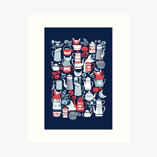 Item preview, Folk Tea Invitation // navy blue background pastel blue red and white cats designed and sold by SelmaCardoso.