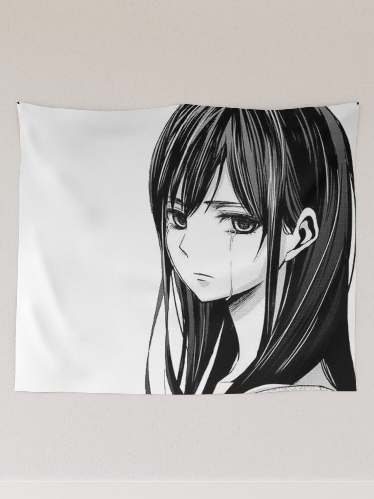 Drawing of a crying anime girl with black hair