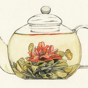 Artwork thumbnail, Blooming Flower Tea Watercolor Painting by Mohu Store