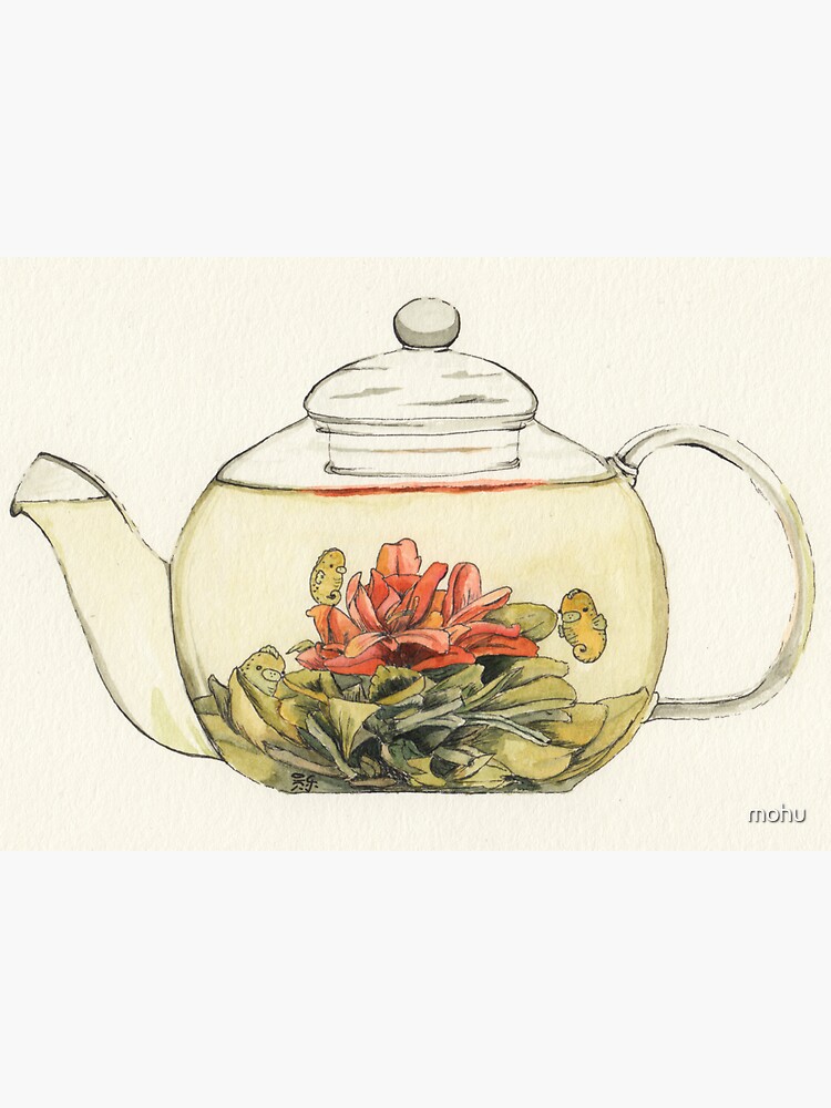 Thumbnail 3 of 3, Sticker, Blooming Flower Tea Watercolor Painting designed and sold by mohu.