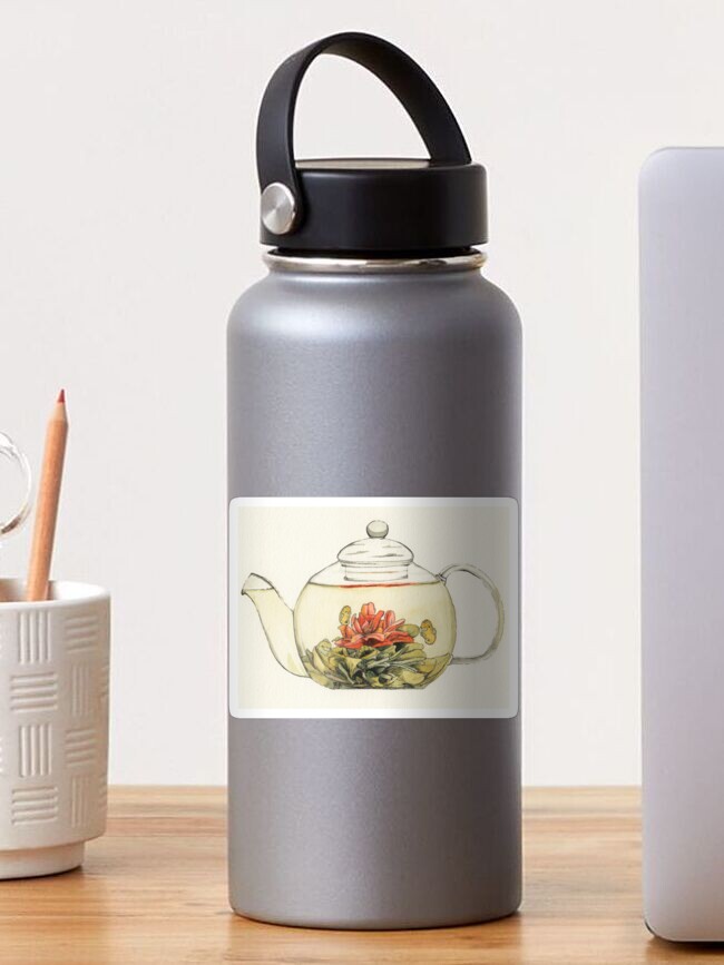 Thumbnail 1 of 3, Sticker, Blooming Flower Tea Watercolor Painting designed and sold by mohu.