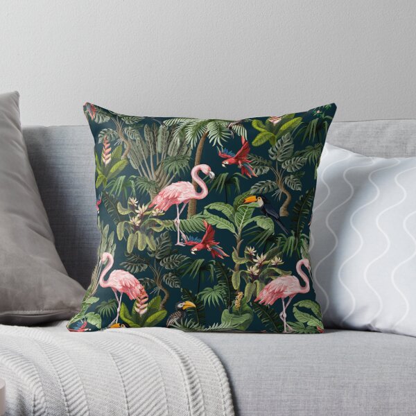 Jungle pattern with toucan, flamingo and parrot Throw Pillow