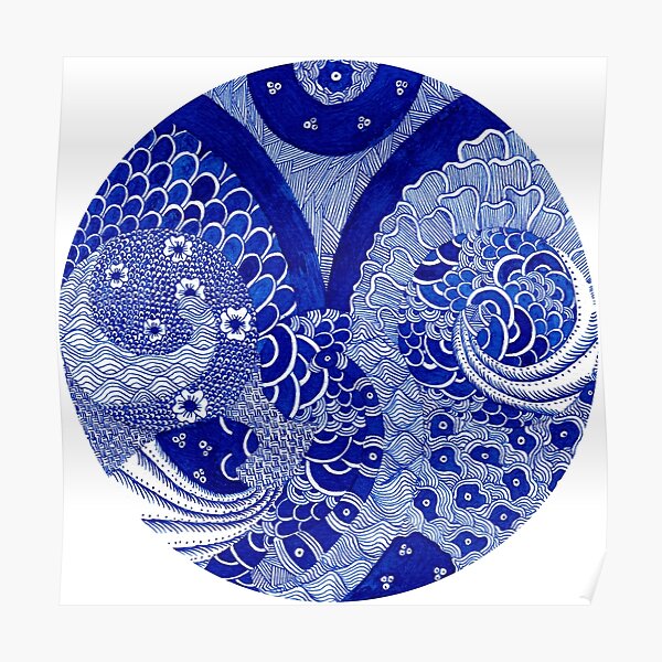 Ondas Blue ink drawing of abstract patterns by Mokusho Abigaelle Richard Poster