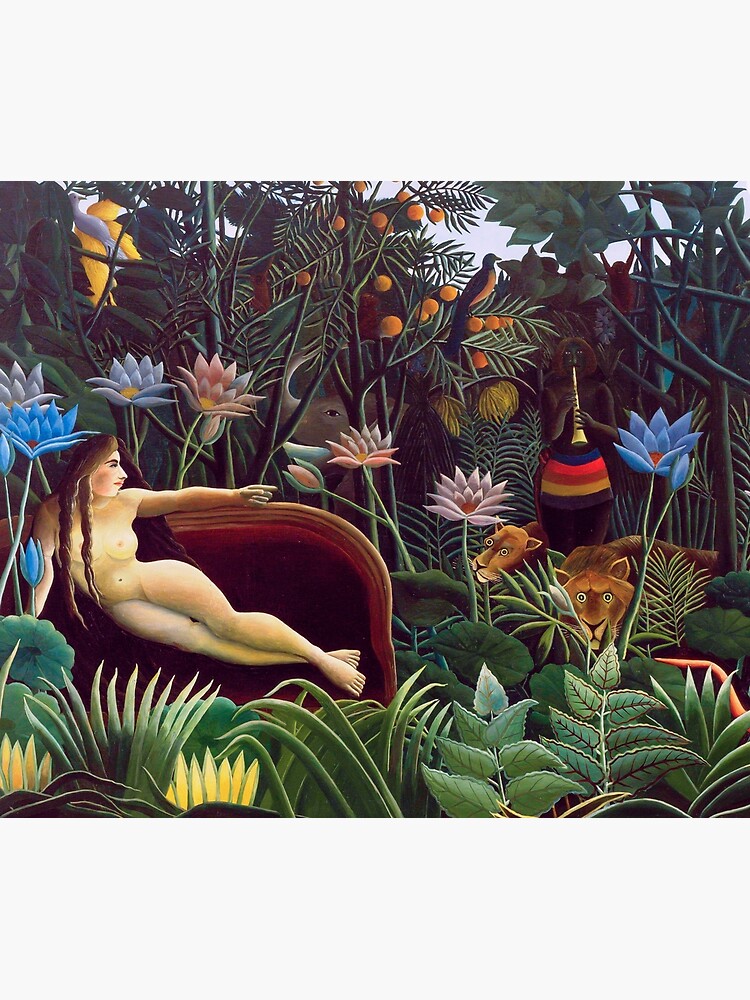 Discover The Dream by Henri Rousseau 1910 // Jungle Lion Flowers Native Female Laying Colorful Landscape Shower Curtain