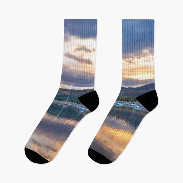 Item preview, Calm Waters // Lake and Boats at Sunset Beautiful Landscape Photograph Scenic Mountain View designed and sold by catbyrdcolorado.
