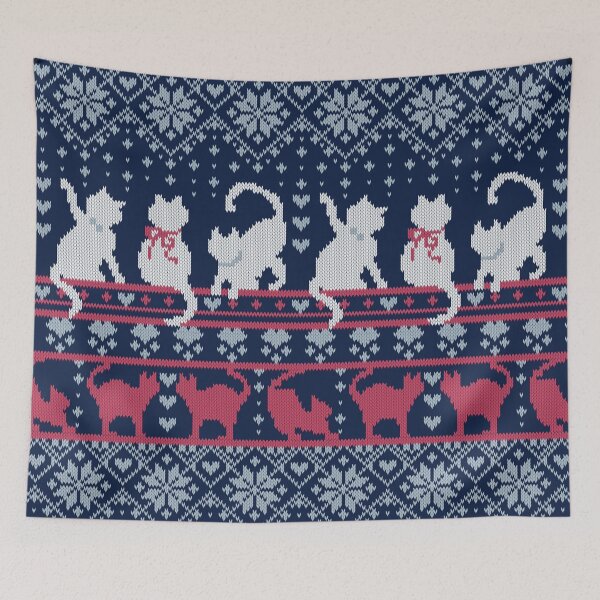 Item preview, Fair Isle Knitting Cats Love // navy blue background grey white and dark pink kitties and details designed and sold by SelmaCardoso.