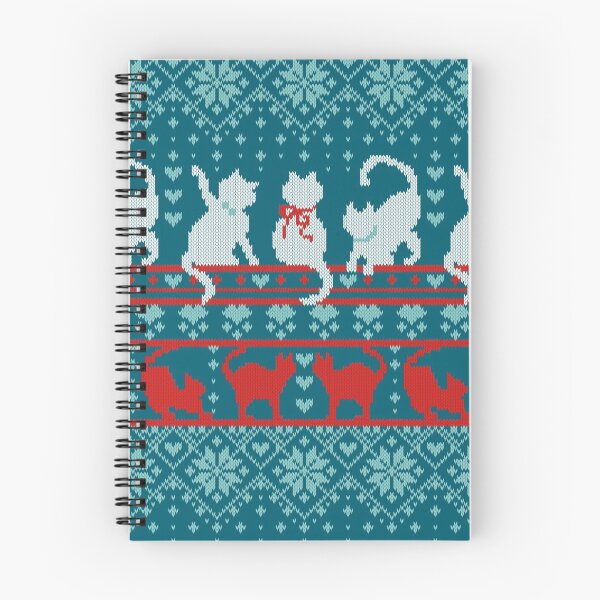 Item preview, Festive Fair Isle Knitting Cats Love // dark teal background teal white and red kitties and details designed and sold by SelmaCardoso.