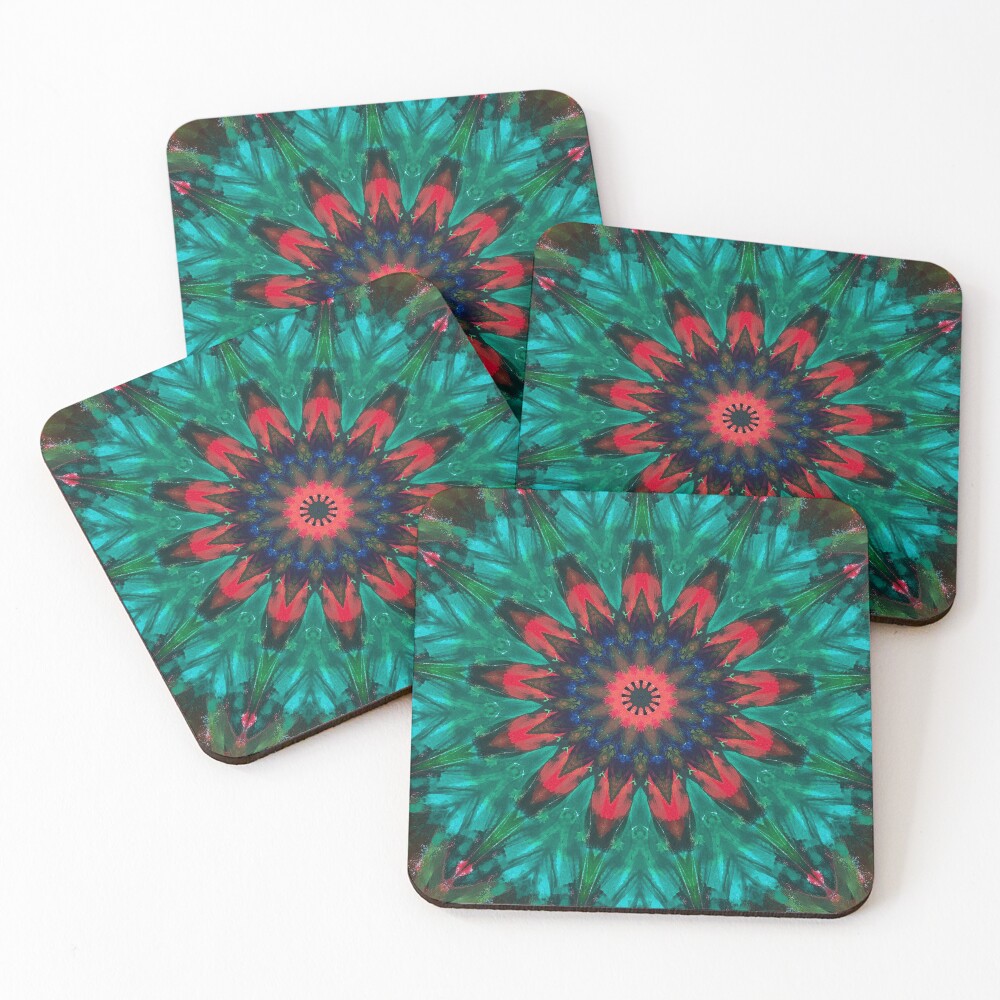 All Together Now Colorful Mandala - In Teal Green Red and Blue - Bohemian Art Coasters (Set of 4)