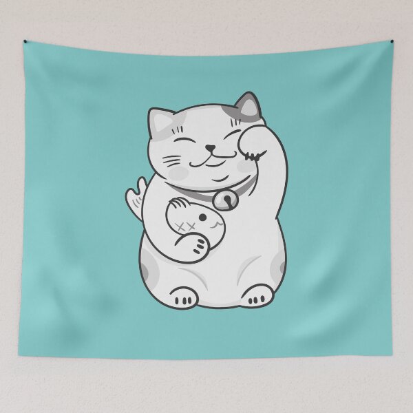 Item preview, Cute cat with fish blue background designed and sold by Jenmag.