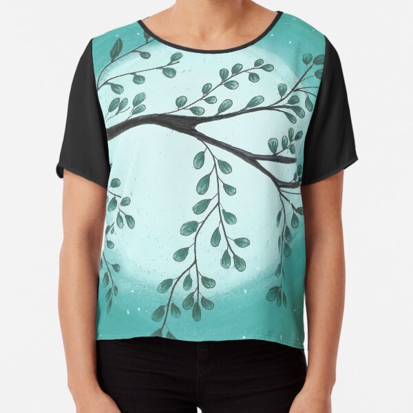 A Green tree and sky.Summer picture. Watercolor hand drawn illustration. Chiffon Top