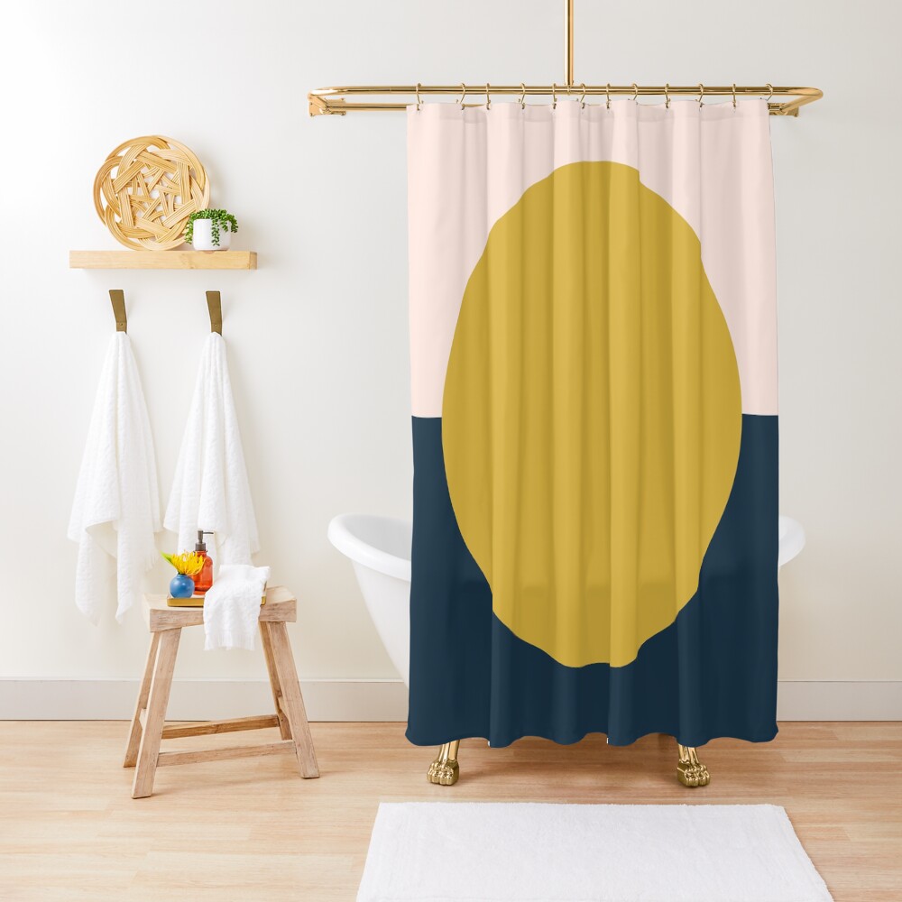 Sun Dot Half Half. Minimalist Geometric Design in Mustard Yellow, Navy Blue, and Blush Pink Shower Curtain