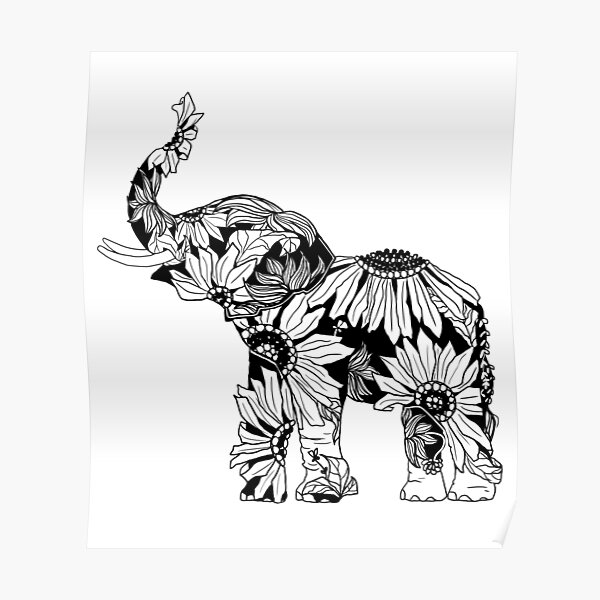 Sunflower Elephant - B&W Poster