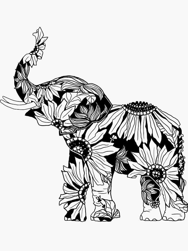 Download "Sunflower Elephant - B&W" Sticker by YelloJelly | Redbubble