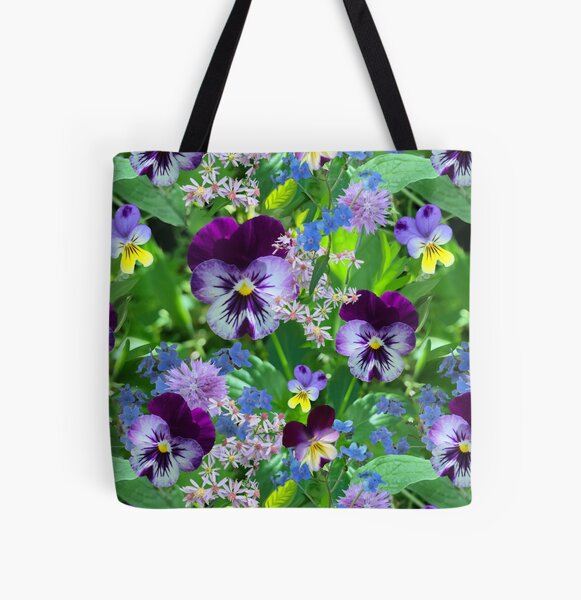 Pansies in the autumn yard by Tea with Xanthe All Over Print Tote Bag