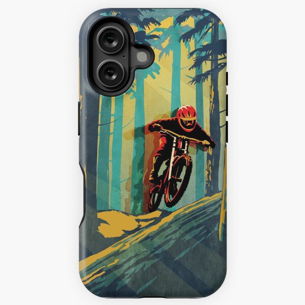 Vista previa del artículo con la obra «Saltador fantasma de bicicleta de montaña con troncos en el bosque», diseñado y vendido por SFDesignstudio.
