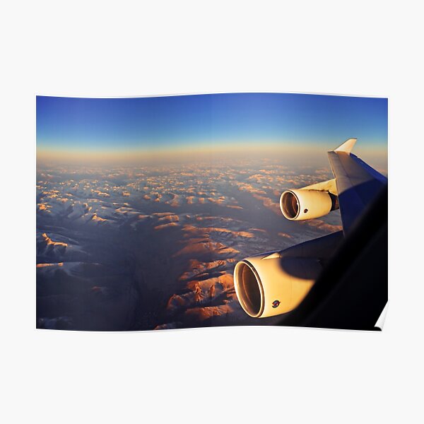 Boeing 747 wing view over the Himalayas during sunset Poster