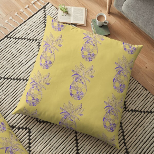 Purple Pineapple Line Drawing with Patterns Floor Pillow