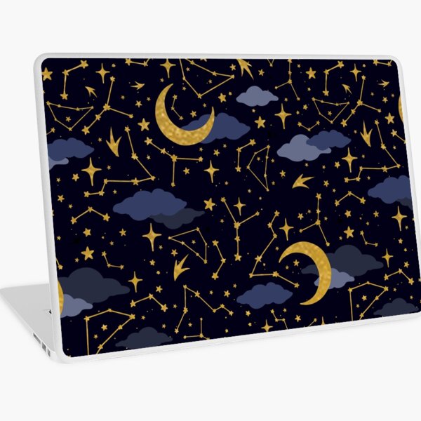 Celestial Stars and Moons in Gold and Dark Blue Laptop Skin