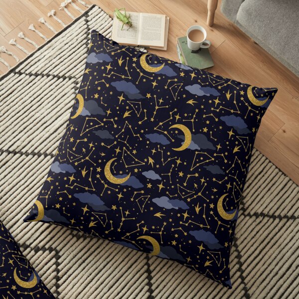 Celestial Stars and Moons in Gold and Dark Blue Floor Pillow